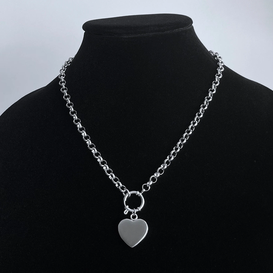 Solid Heart Pendant Clasp Necklace Stainless Steel Silver Rolo Link Oval Chain Y2K Handmade Unisex Mens Womens Jewelry Cold Shoulder La