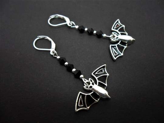 A Pair Of Hand Made Bat Themed Black Enamel Dangly Leverback Hook Halloween Earrings