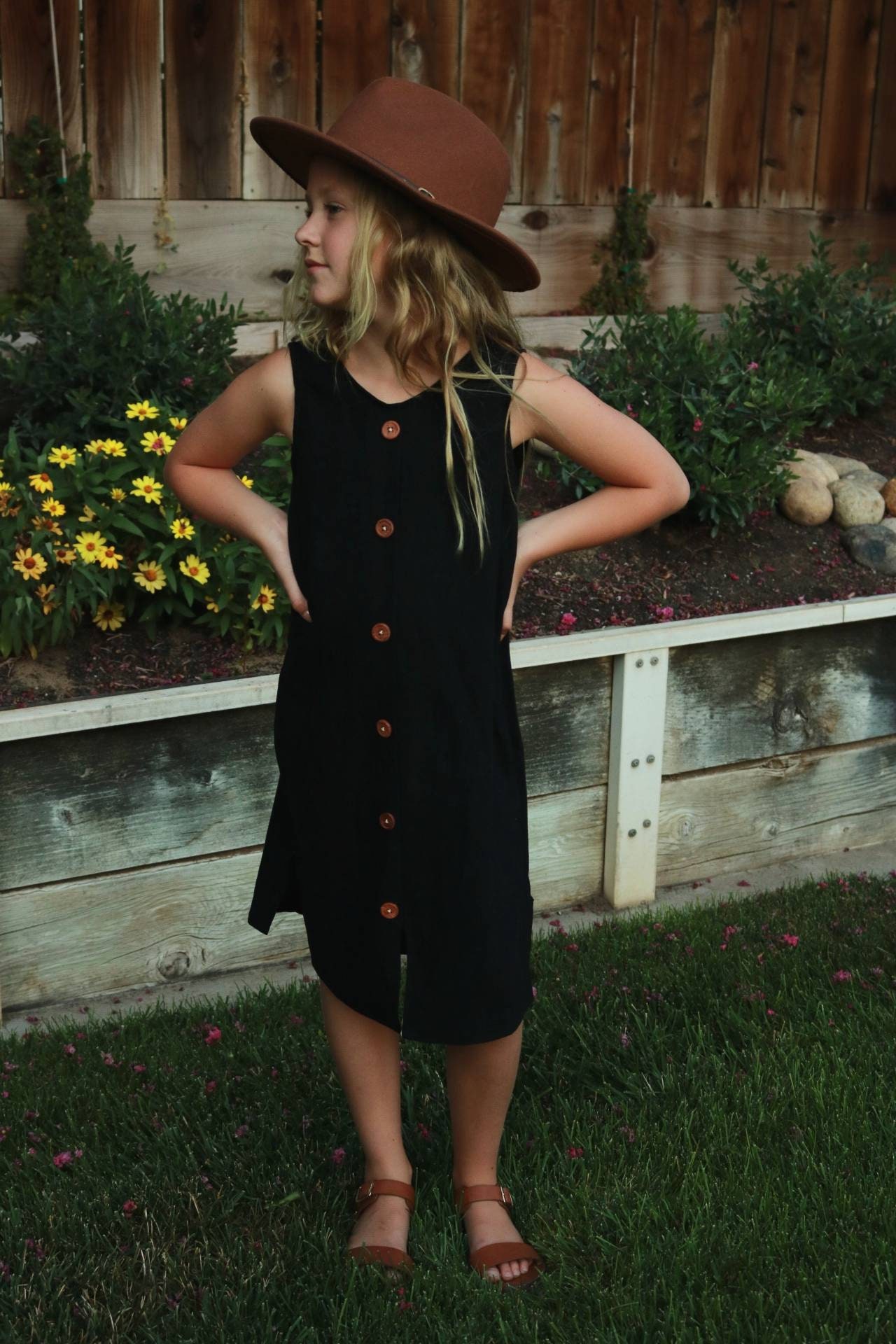 Girls Boho Dress Linen Blend Black Mid-Calf Length W/Wooden Buttons, 12 Month, 18 2T, 3T, 4T , 5T, 6T, 7T, 8Yr, 10Yr, 12Yr 14Yr