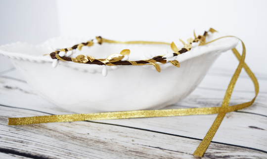 Handcrafted White & Gold Simple Crown, Goddess Hair Wreath, Leaf Flower Girl Headband, Minimalist Wedding Accessory, Rustic Bridesmaid