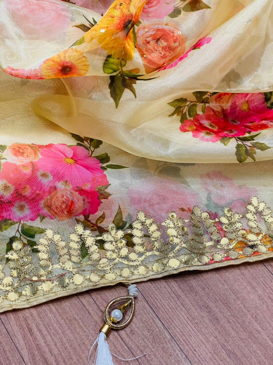 Pure Organza Saree Exclusive Blend Of Organza Gota Patti & Digital Print Lace Border Work Wedding Partywear Sabyasachi Bollywood Saree