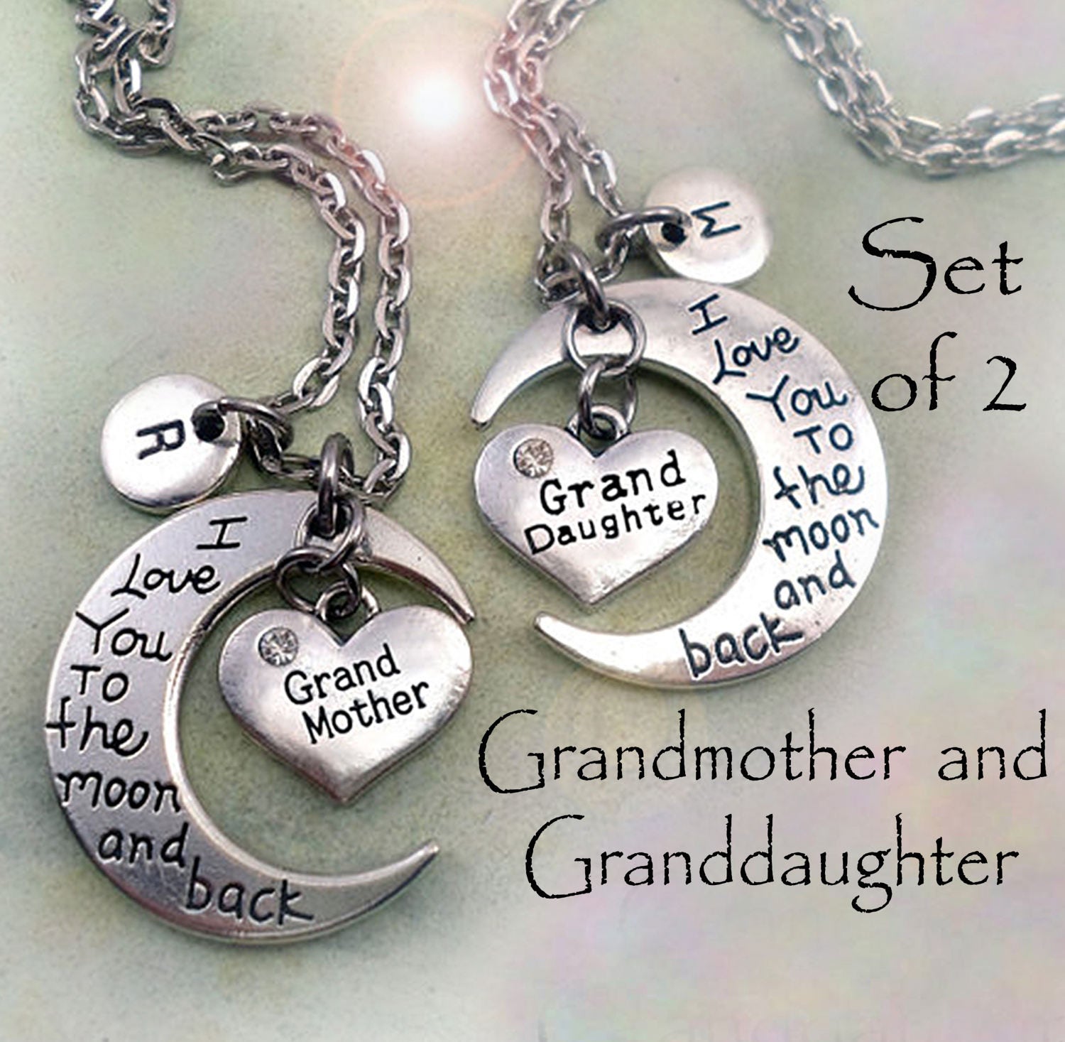 Grandmother Granddaughter Necklaces - Set Of 2 I Luv You To The Moon & Back & Personalized W-Letter Charms