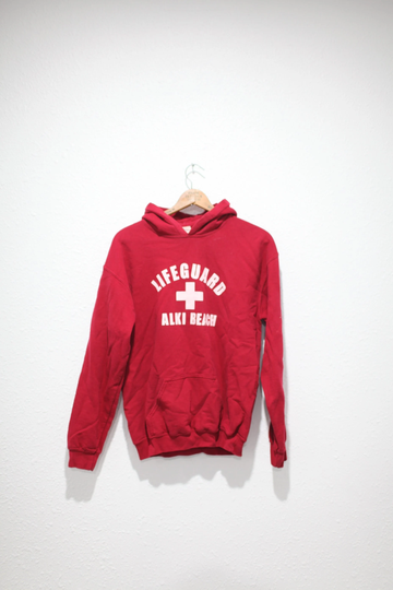 Vintage Alki Beach Washington Red Lifeguard Hoodie Sweatshirt #0431