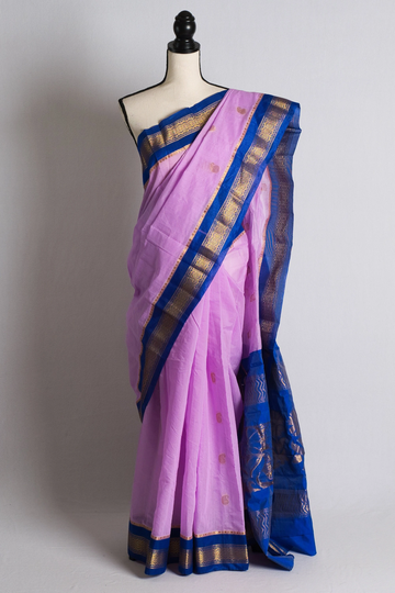 Blended Cotton Gadwal Saree in Mauve & Blue