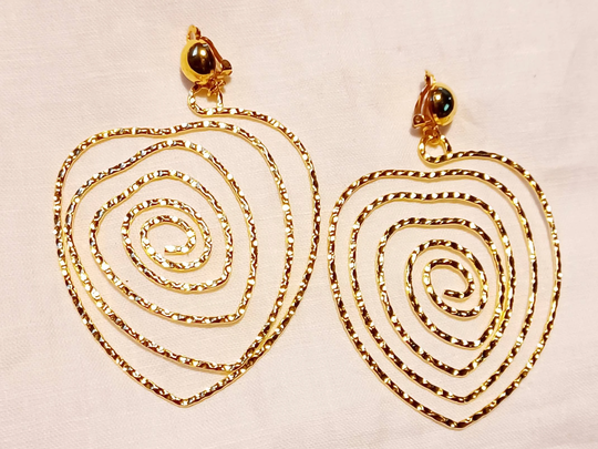 Large Hammered Metal Abstract Heart Clip On Earrings Gold
