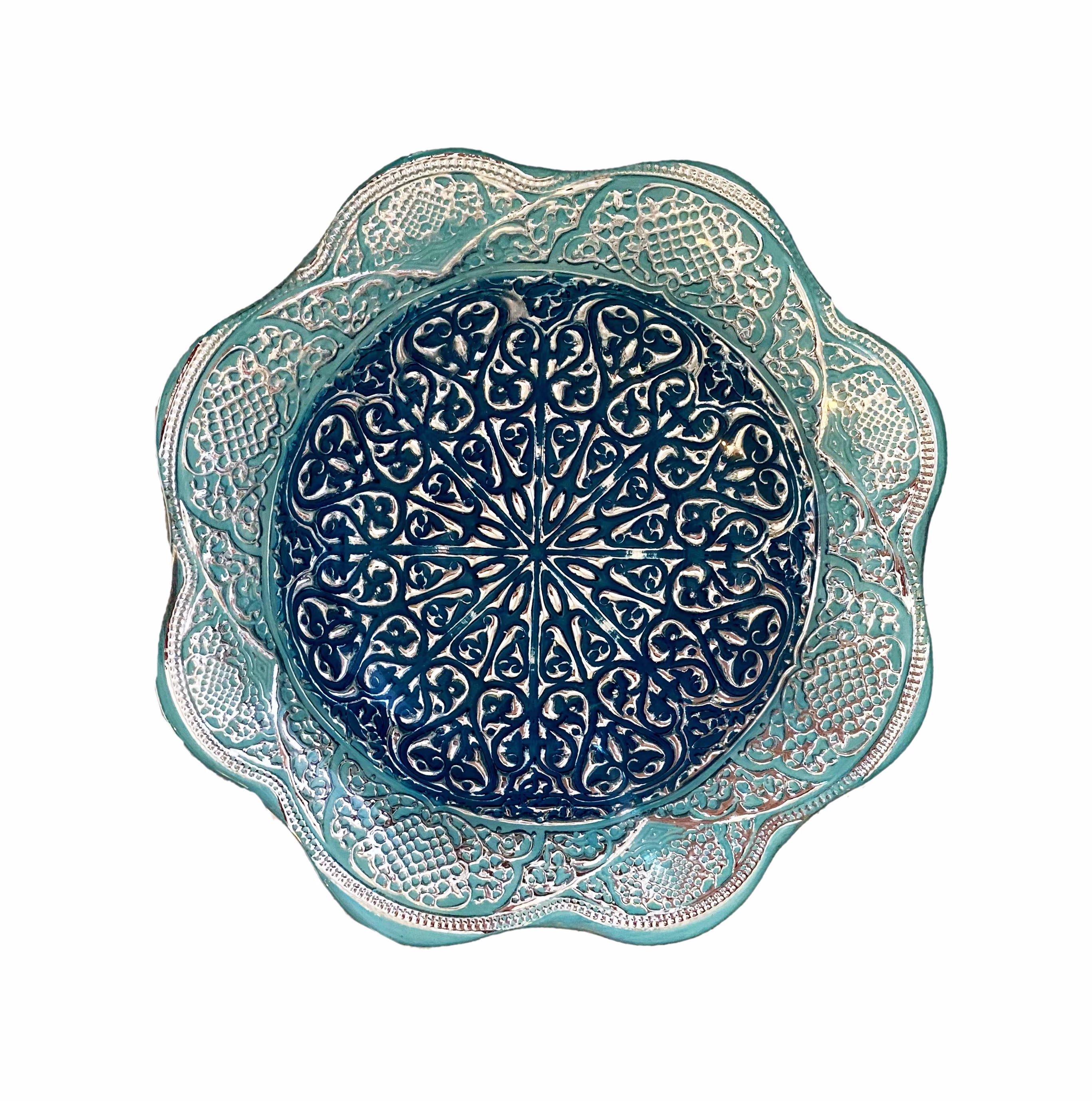 Pair Of Silver Art Bowls Teal Aqua 9" Glass Plated Bowl Set