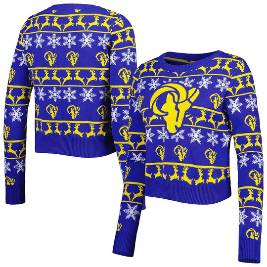 Women's FOCO Royal Los Angeles Rams Ugly Holiday Cropped Sweater, Size: Large, Blue