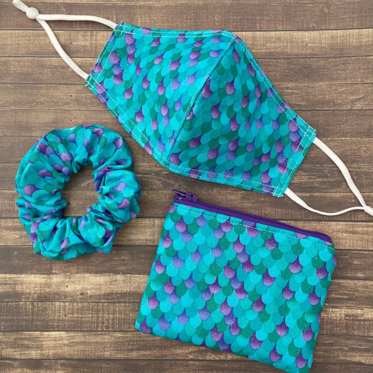 Kids Glittery Blue Mermaid Tail Mask+Scrunchy+Pouch Set