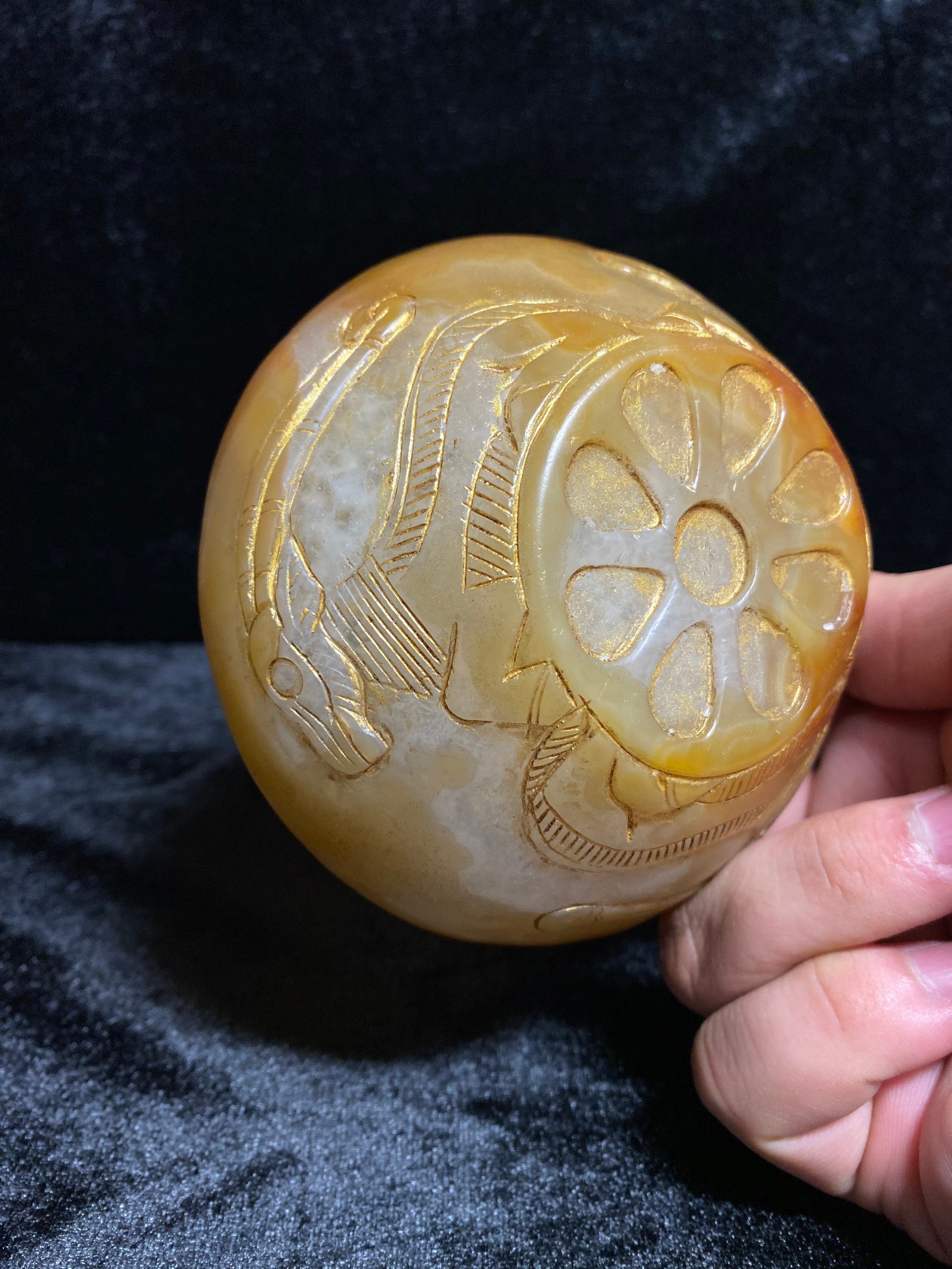 Ancient Afghani Agate With Gold Gilded Hand Carved Bowl Ram