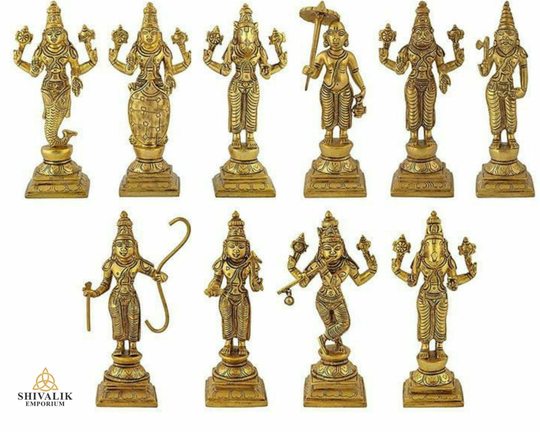 Vishnu Dashavatar Set, Brass Handmade Set Of Ten Incarnations Lord Vishnu, Home Decor Idols, Hindu God Statue, 6Inch