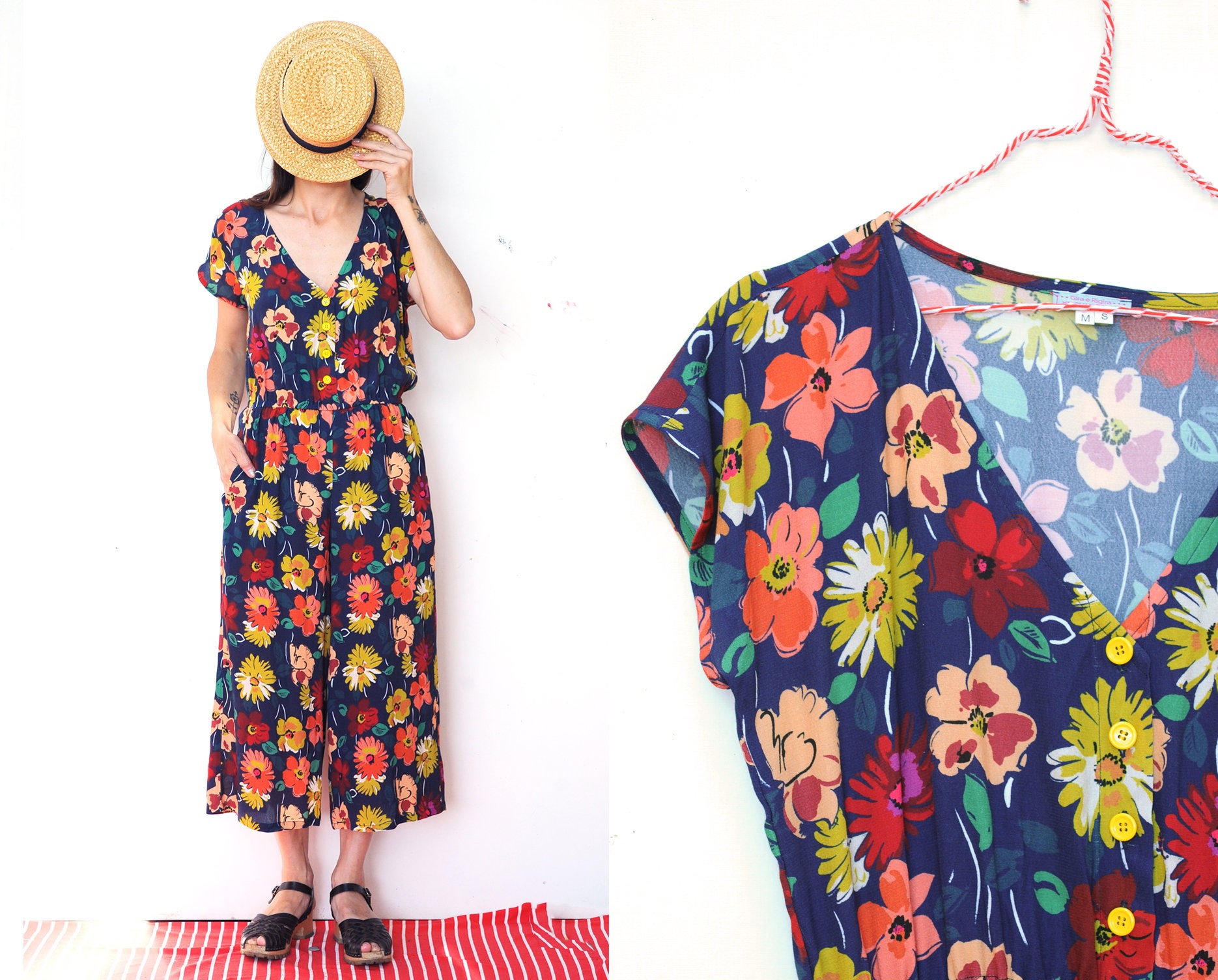 Handmade Vintage Cotton-Viscose Blend Jumpsuit, Elastic Waist, Playsuit [Palermo Jumpsuit/Dark Blue-Flowers]