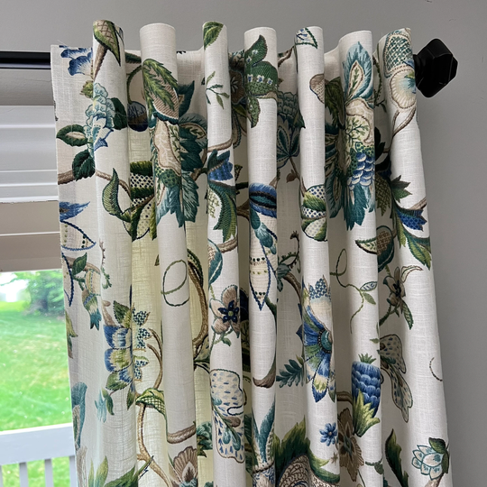 Drapery Panels & Valance in Kaufmann Brissac Linen Blend Fabric Sapphire - Blues, Greens, Browns
