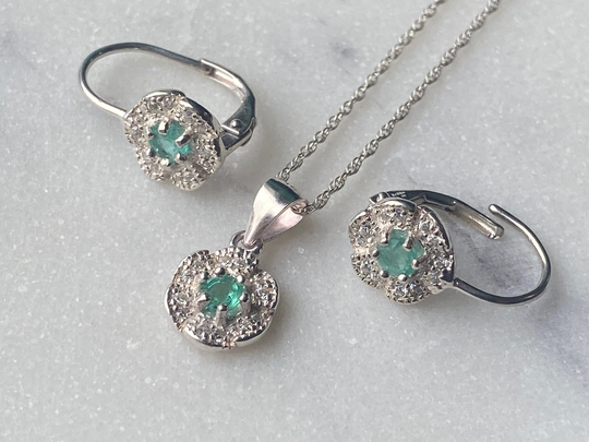 Genuine Colombian Set Emerald Pendant Necklace & Earrings, Silver 925, Real Natural Emerald, Carats 1.3