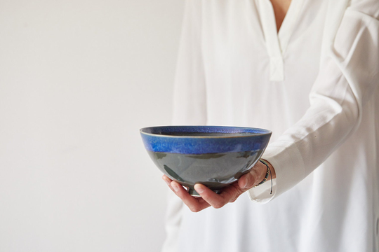 Ceramic Ramen Bowl, Blue Noodles Pottery Soup Salad Serving Modern Japanese Nesting New Home Gift
