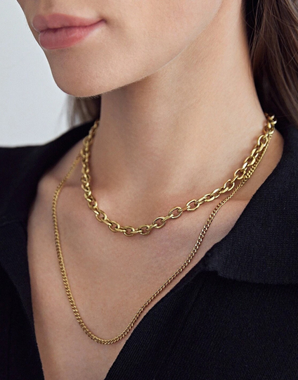 No Tarnish, 14K Plated Two Layer Gold Necklace, Big Chain Gold Necklace, Stacking Necklace Set