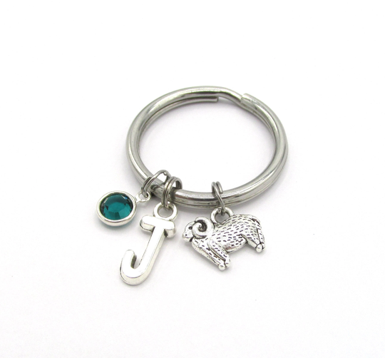 Sheep Ram Keychain - Birthstone & Initial, Keychain, Keyring, Accessories, Charm, Farmer Gift, Bag Charm