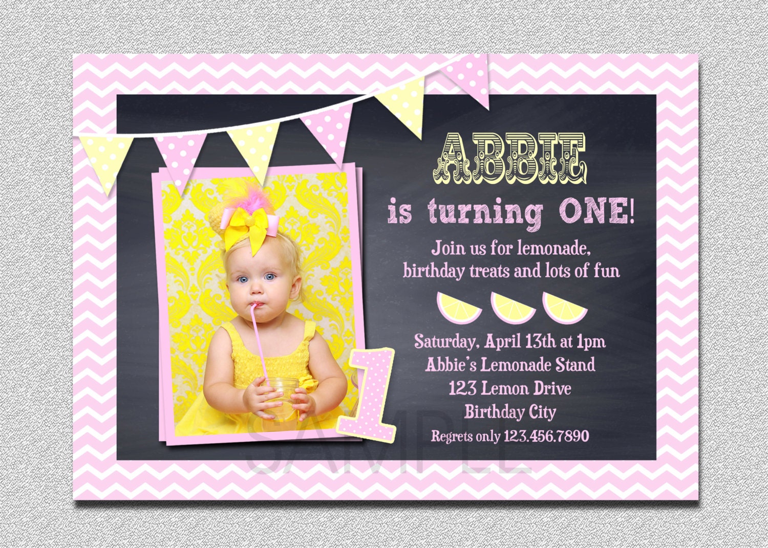 Lemonade Birthday Invitation , Pink Chalkboard, Invitation, Chevron Party