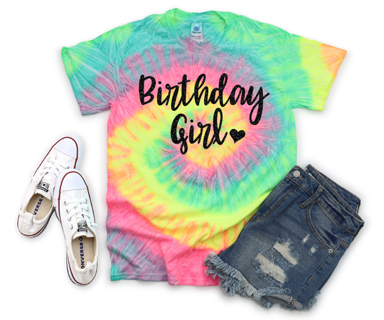 Birthday Girl Neon Tie Dye Shirt Galaxy Bright Black Glitter Vinyl Party Pastel Bday