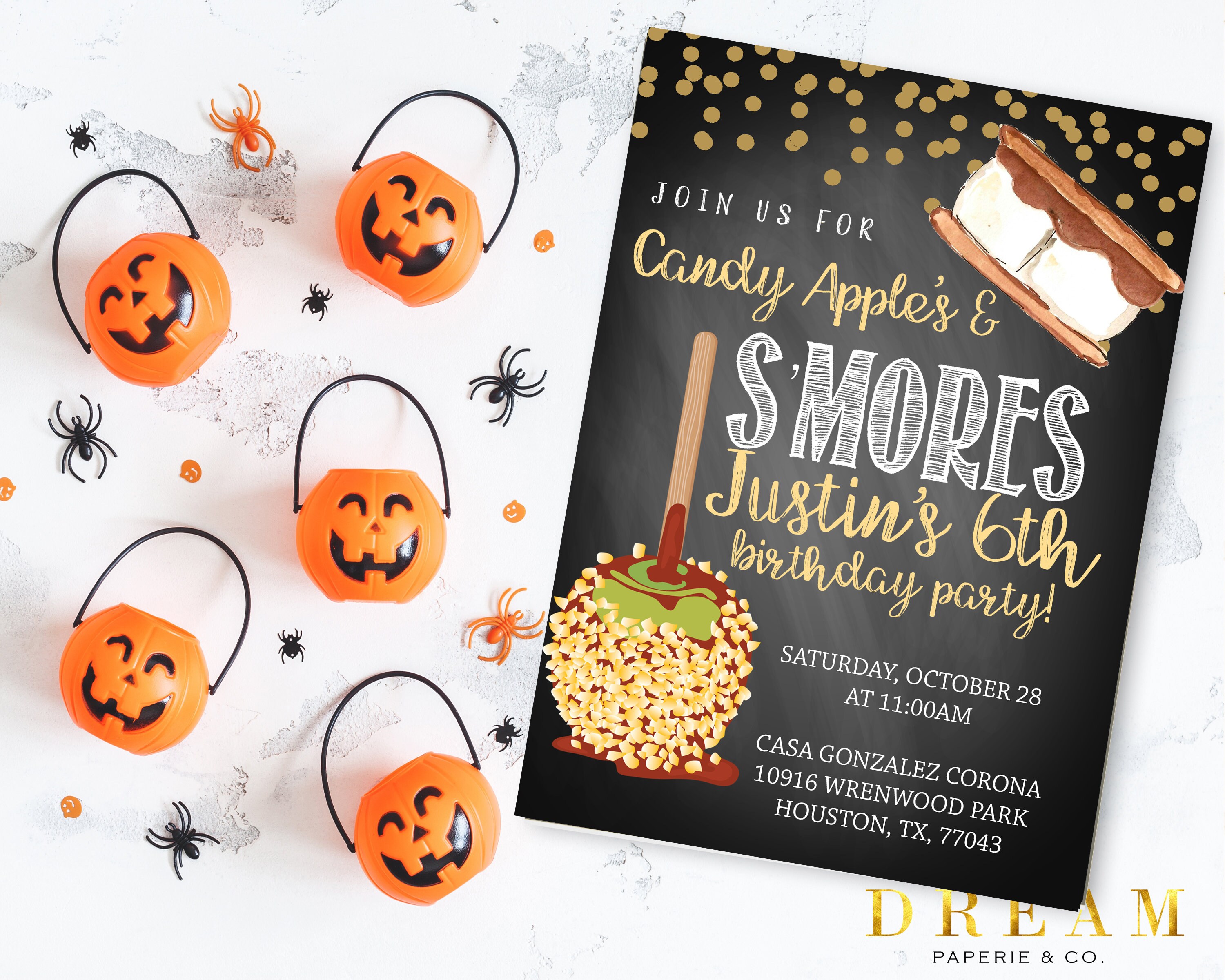 Fall Birthday Invitation, Smores Candy Apple Boy Invitation
