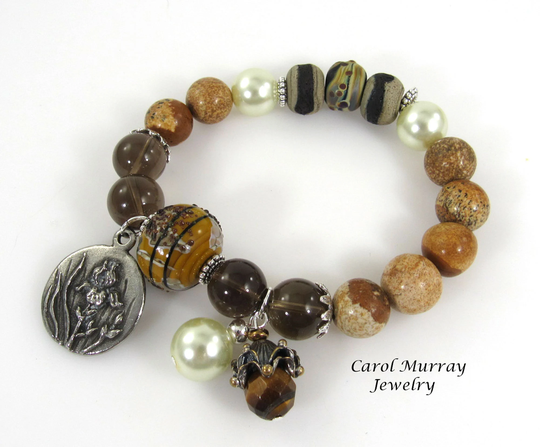 Boho Gemstone Bracelet, Painted Jasper & Smoky Quartz Mixed Bead Charm Carol Murray Jewelry | Br 210