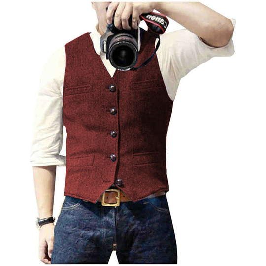 Men's Suit Vest Blue Single Breasted Woolen Blended Mens Vest Denim Jeans Waistcoat Jacket Slim Fit Casual Formal Business - burgundy, xxl - 2xl red