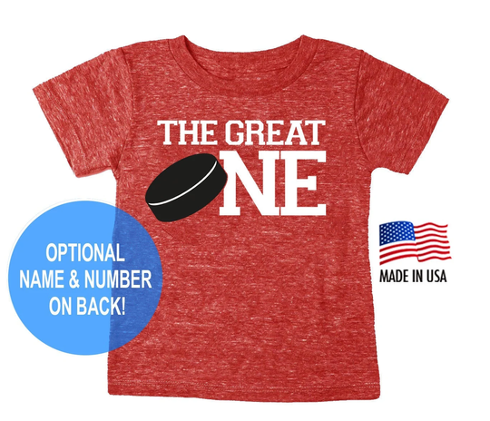 First 1st Birthday "The Great One' Hockey Puck Tri Blend Toddler 1 T-Shirt - Child Boy & Girl Tee