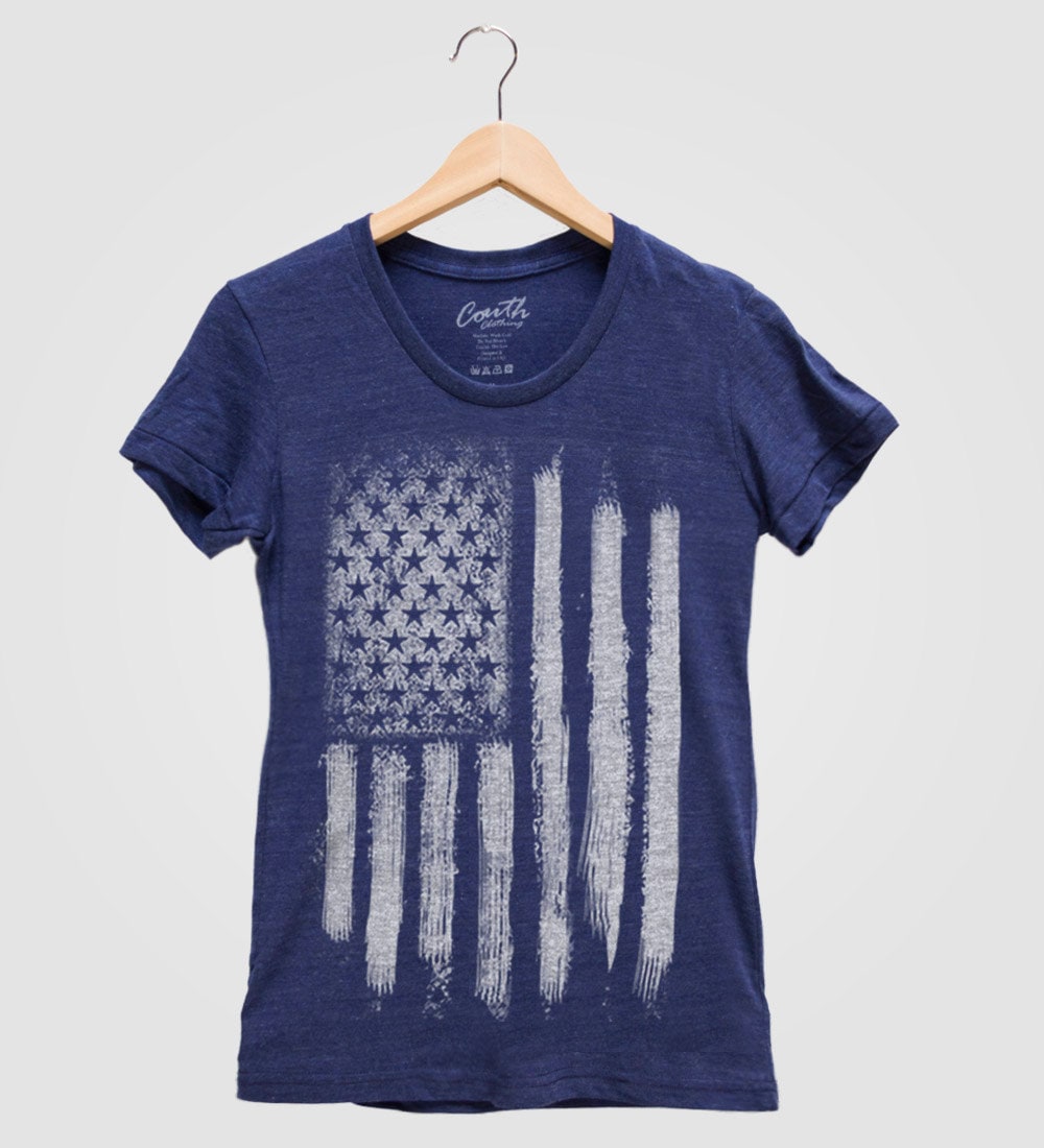 American Flag Women Tri-Blend Shirt Hand Screen Print