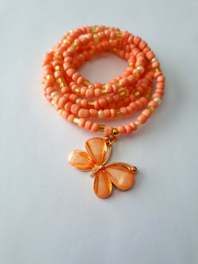 Peach & Matte Gold Waist Beads With "Butterfly' Charm, Stretch, Weight Loss Tracker, Belly Beads, Body Jewelry, Unique Gift, Under 20