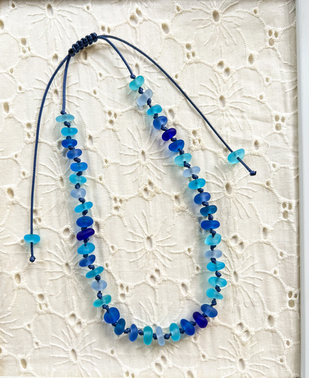 Handmade Blue Sea Glass Necklace, Adjustable String Knot Sennit Beach Jewelry, Marine Style Jewelry