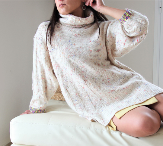 Vintage Cream/Multi Color Wool Blend Oversized Long Knit Pullover, Sweater