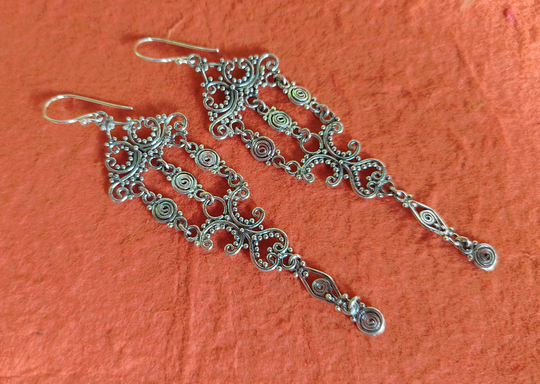 Balinese Chandelier Silver 925 Earrings/Bali Art Of Handmade Jewelry Silver 4 Inch Long /(#411M