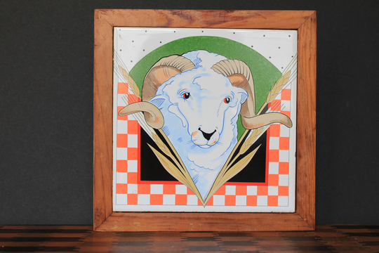 Ram Head Trivet For Vintage Wall Hanging Decor. Pelzman Design Ceramic & Wood Animal Hot Pad. Ram, Wheat, Red Checked Border. Baker Gift