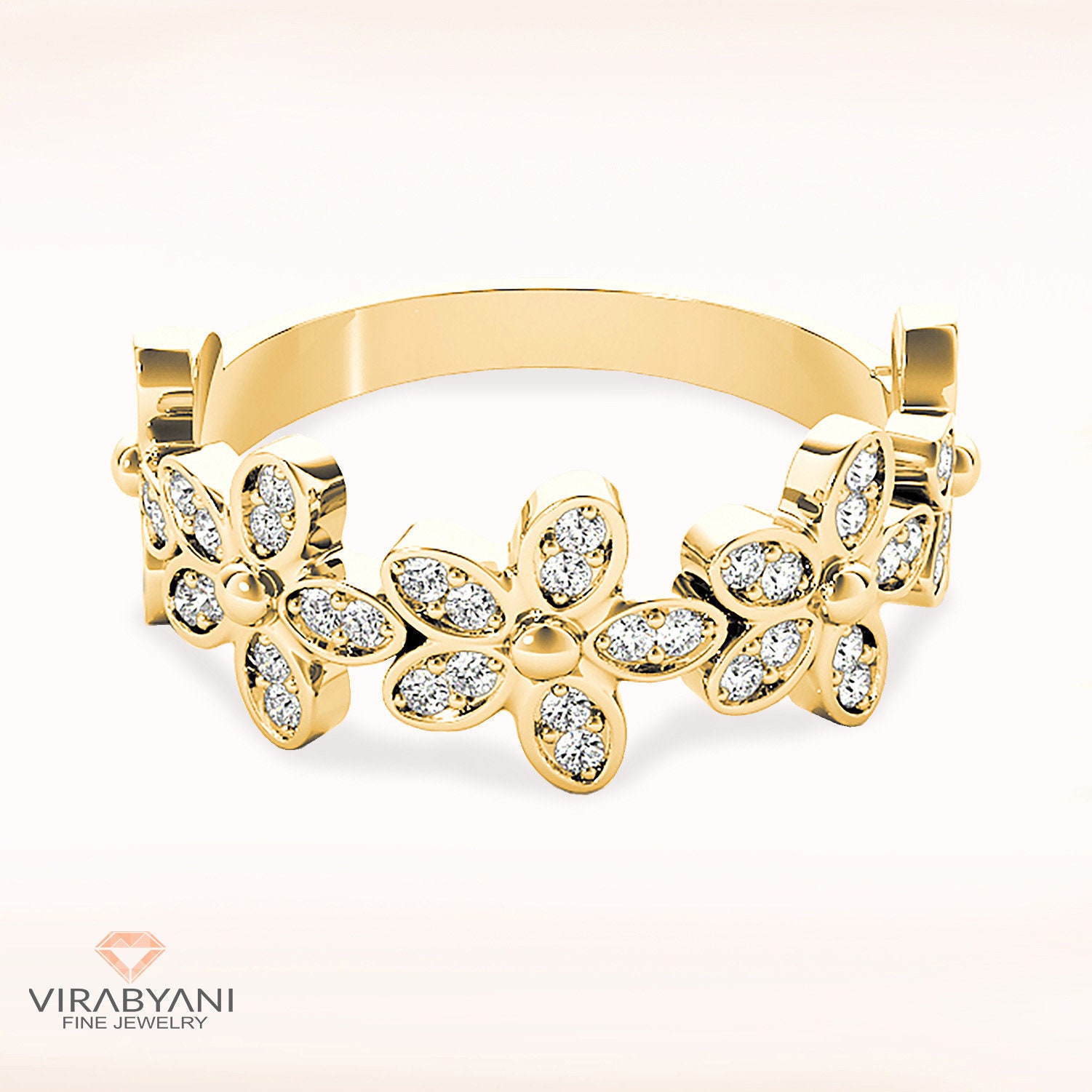 0.25 Ctw Diamond Flower Ring - 14K/18K Solid Yellow Gold | Anniversary Stackable Pave Set