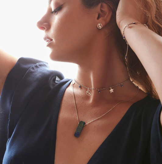 Azurite Malachite Pendant, Psychic Stone Necklace, Spiritual Protection Blue Green Crystal On Sterling Silver Chain