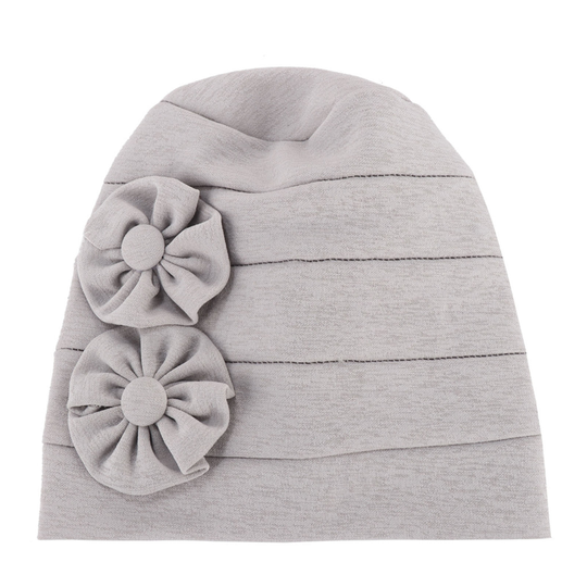 Women Beanie Solid Color Flowers Soft Elastic Linen Blend Head Wrap Hat for Daily Life - grey