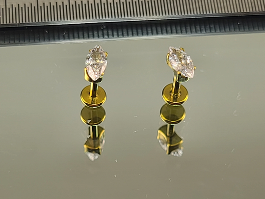 16G | 1.2mm Marquis Stud Earring Pair Earrings Titanium Anodized Yellow Gold Finish Internally Threaded Choose Post Length