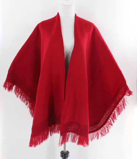 Clearance Ecuador Alpaca Cotton Blend Glorious Red Cape With Crochet Accents & Fringe Measures 56 X 44 Open Front