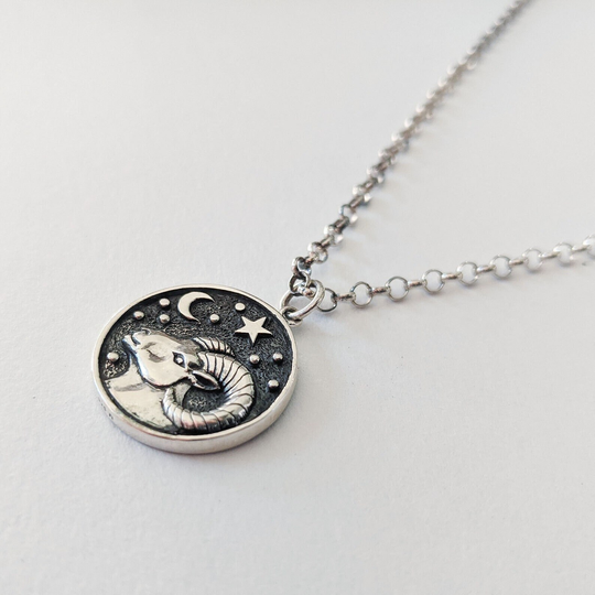 Aries Necklace, Coin Necklace, Personalized Zodiac Silver Astrology Sterling Silver