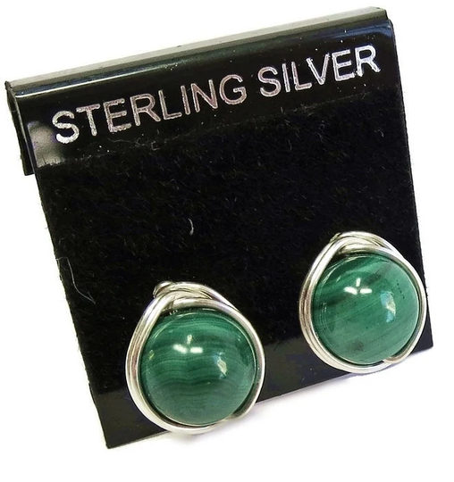 Natural Malachite & Sterling Silver Herringbone-Topped Wire-Wrapped Post Earrings