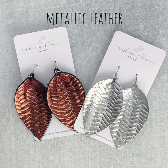 Clearance Metallic Braided Leather Leaf Earrings/Genuine Hypoallergenic Stainless Steel Statement
